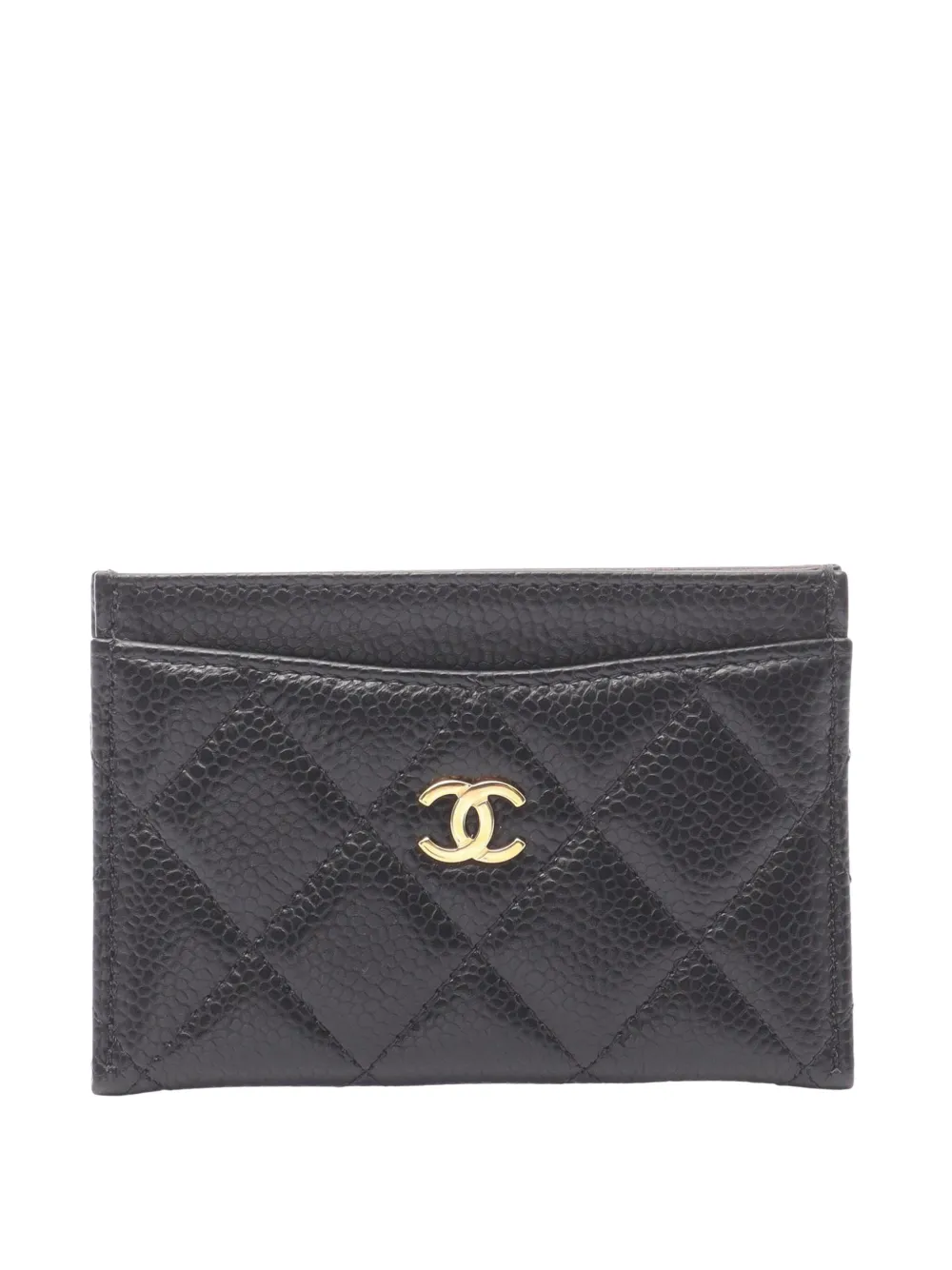 Pre-owned Chanel 2021-2025 Cc Quilted Caviar Card Holder In Black