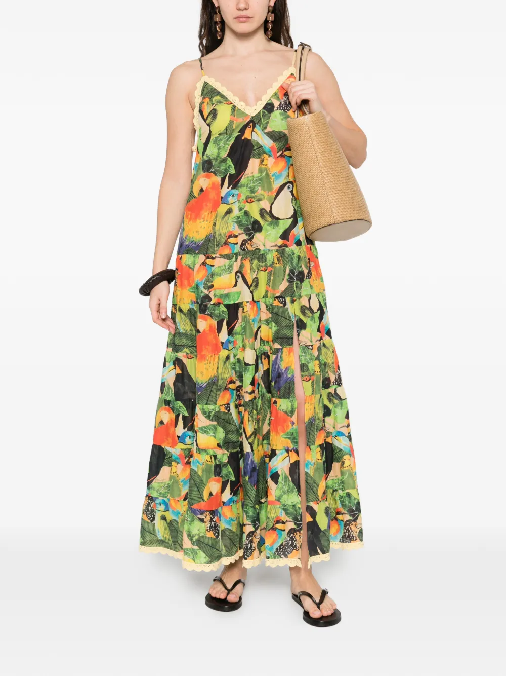 FARM Rio Bird Leaves maxi-jurk met ruches Groen