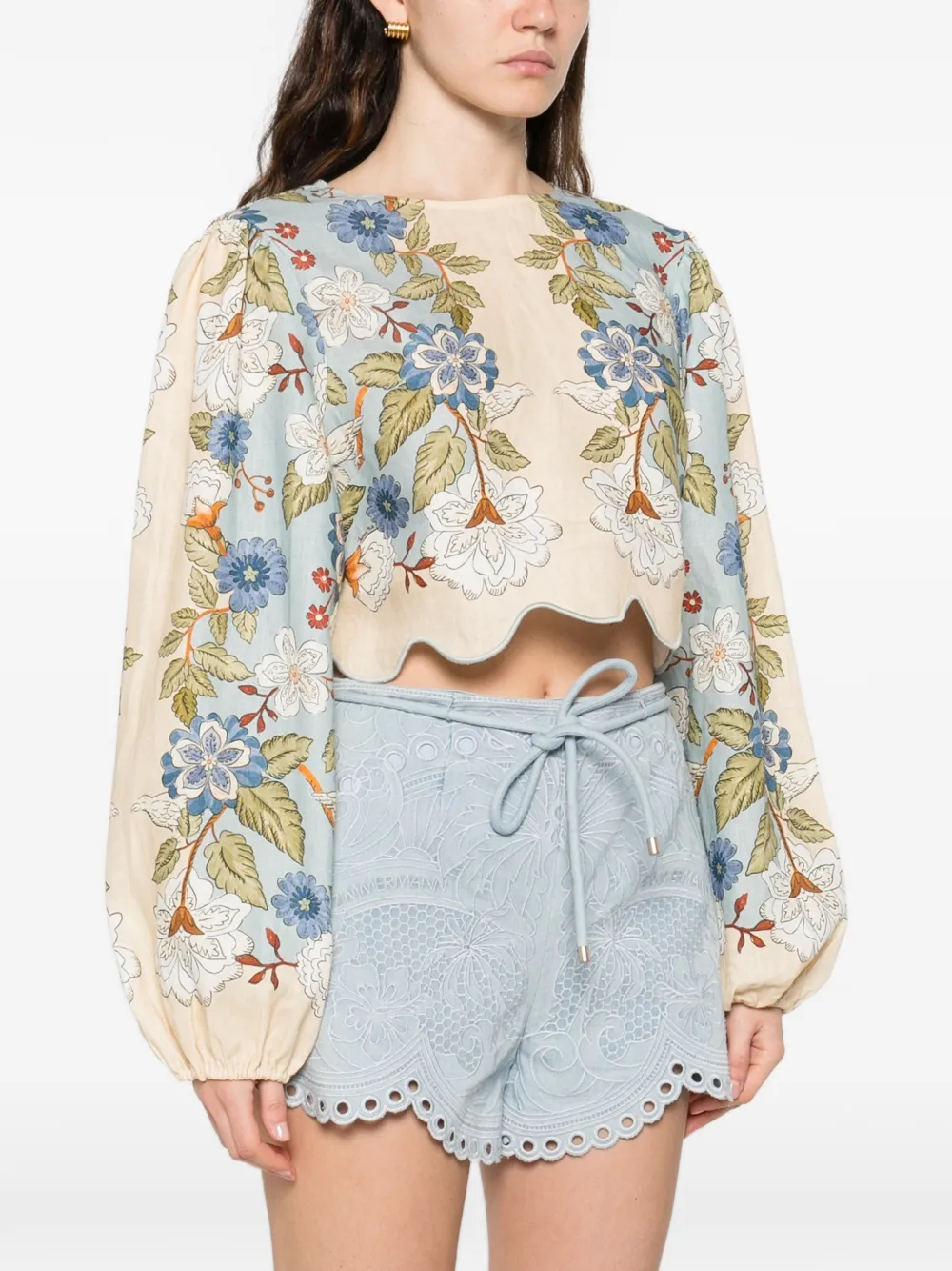 Floral-Print Linen Blouse