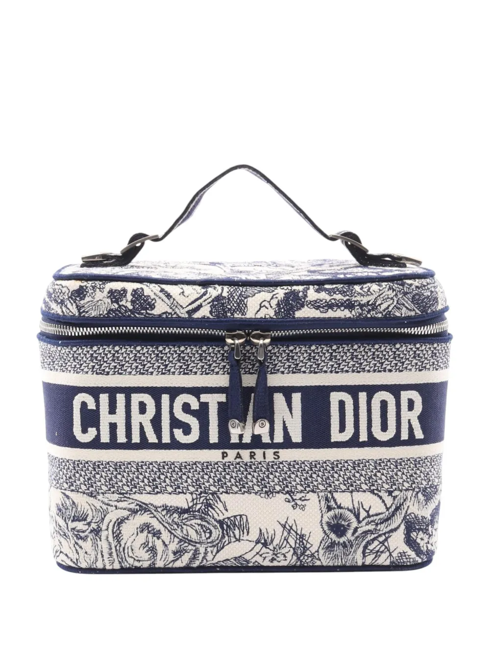 Pre-owned Dior 2021-2025 Toile De Jouy Embroidered Canvas Travel Case Vanity Bag In Blue
