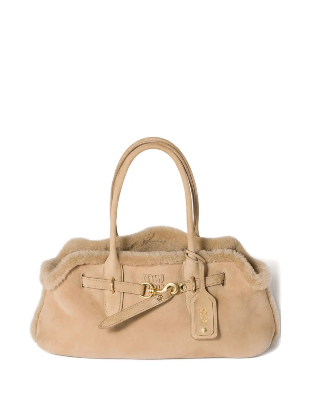 Miu Miu Aventure Shearling Tote Bag In Neutral