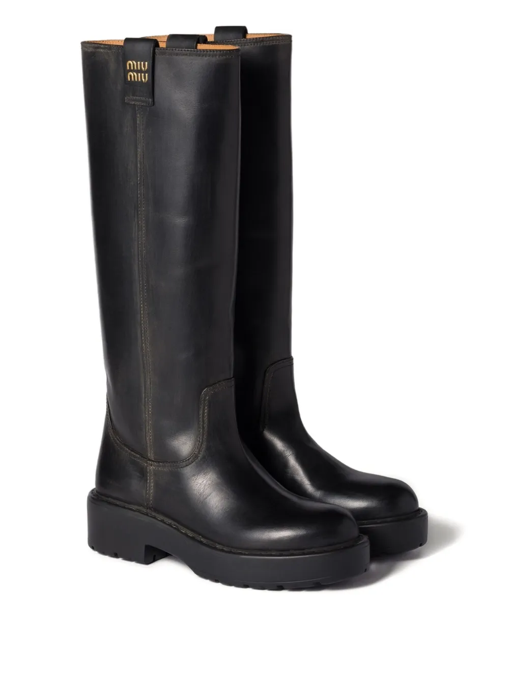 Miu Miu Logo-detail Leather Boots In Black