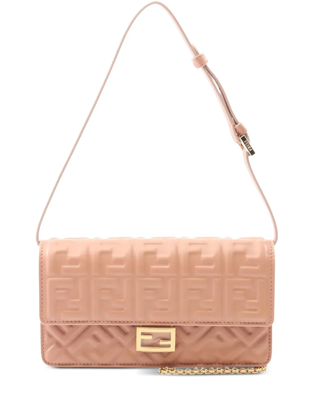 Pre-owned Fendi 2000-2010 Zucca Embossed Leather Baguette Wallet On Chain Satchel In Pink