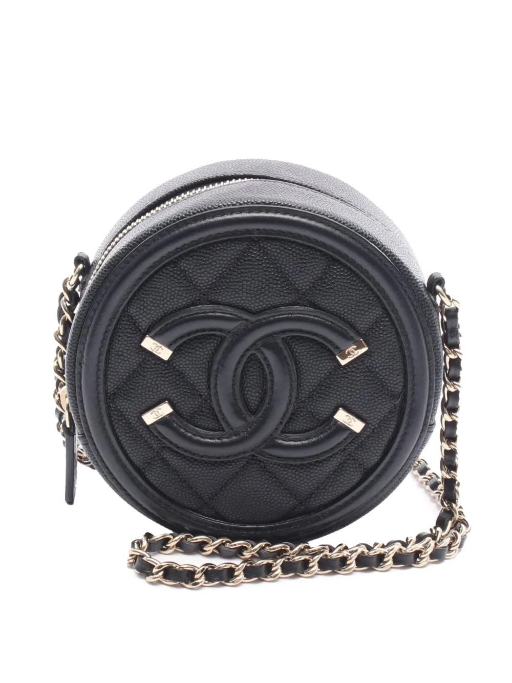 Бывший в употреблении клатч CHANEL Caviar CC 2019, круглый, с филигранью, с сумкой через плечо на цепочке