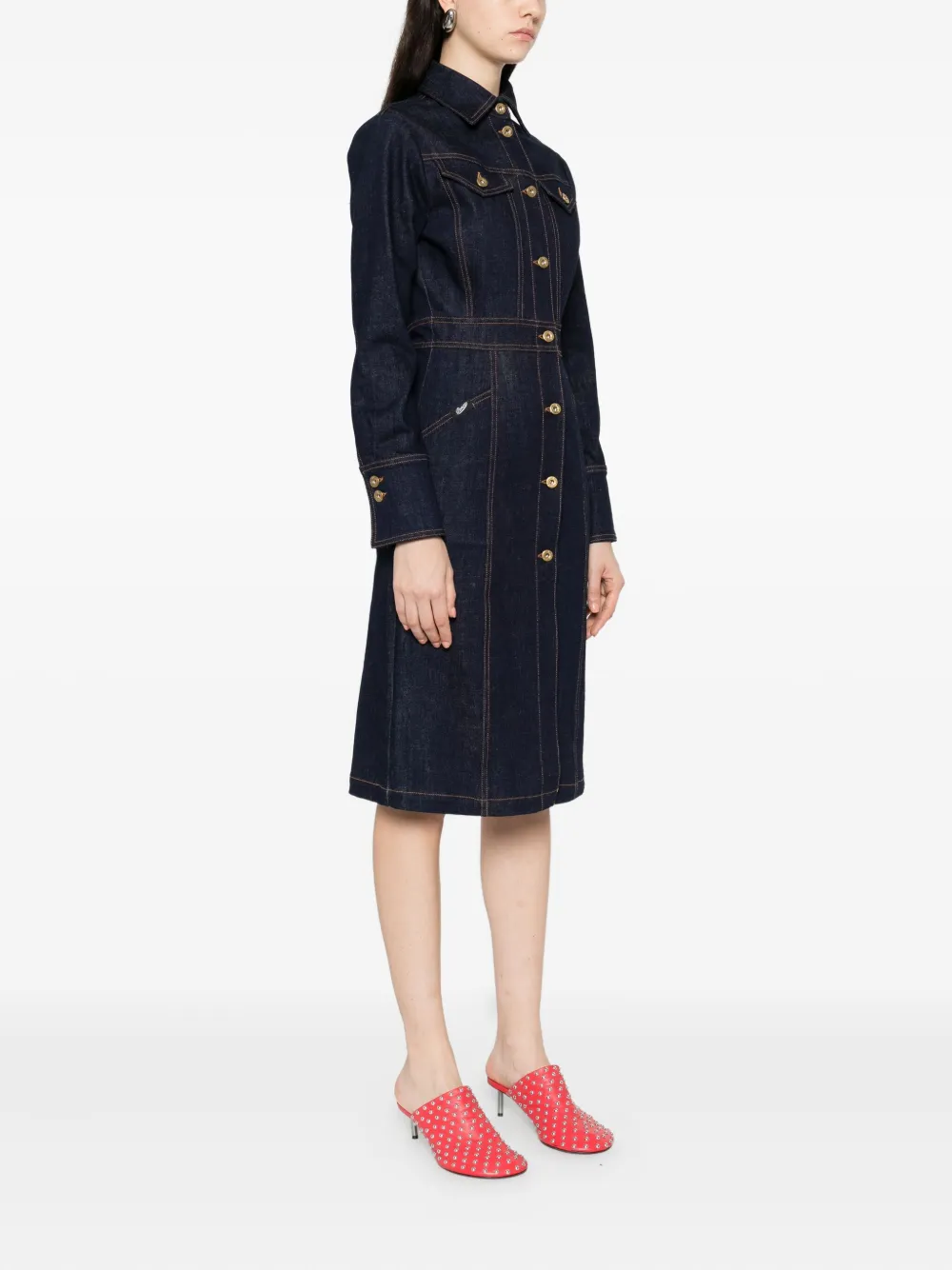 Pence Contrast-stitching Denim Dress In Blue