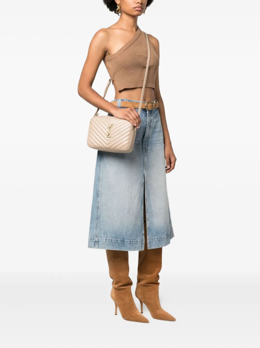 Saint Laurent Crossbody Loulou M Beige Golden Logo In Pink