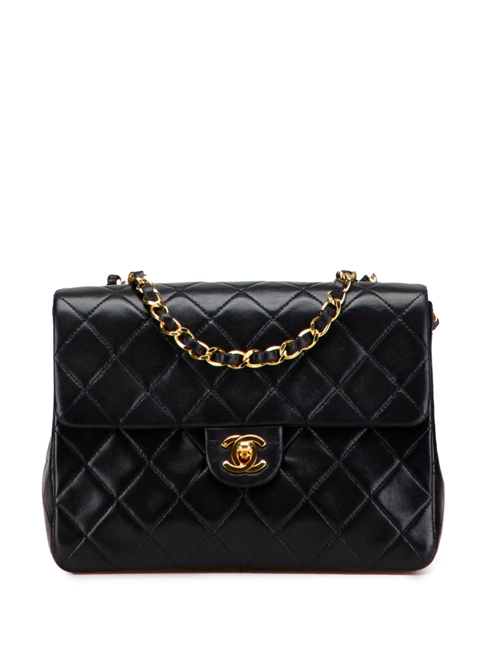 Pre-owned Chanel 1989-1991 Small Square Quilted Lambskin Flap Crossbody Bag In Black
