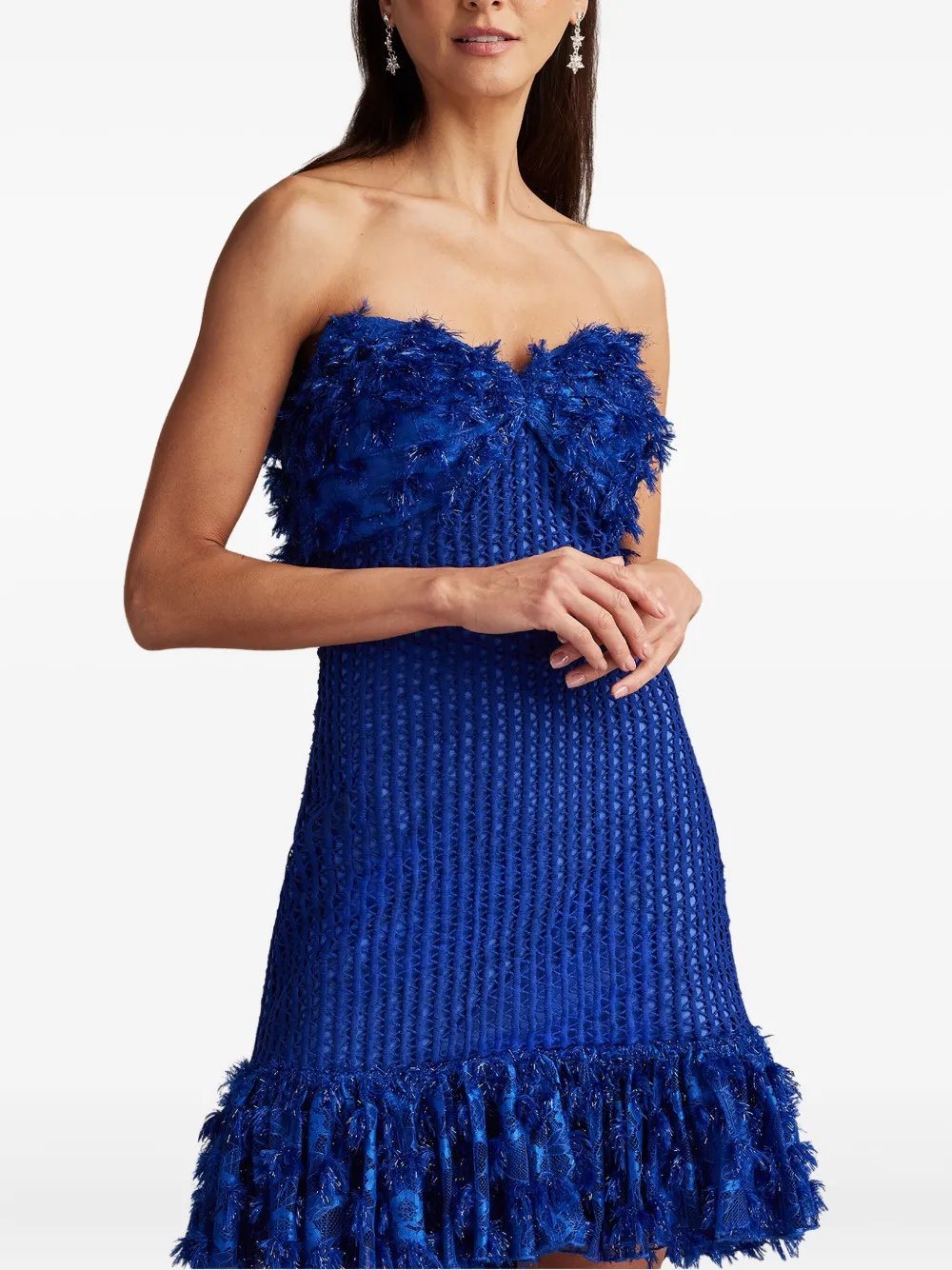 Tadashi Shoji Carmen strapless jurk met franje Blauw
