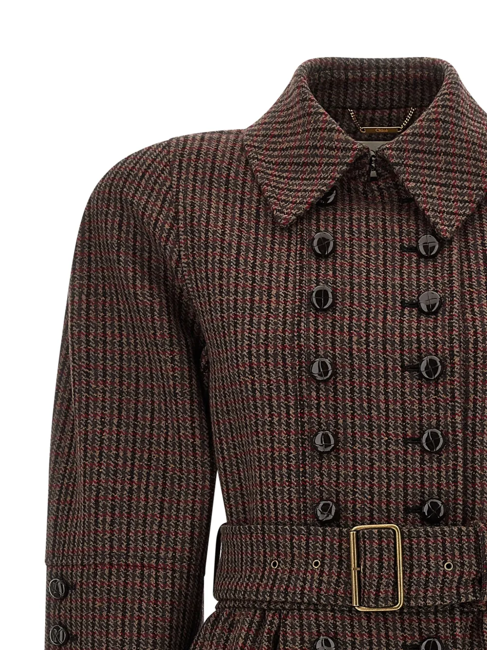 Chloé Chloe Houndstooth Double-breasted Belted Wool Coat In Brown