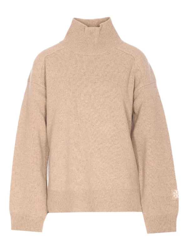 Tory Burch Embroidered-logo High-neck Sweater in Neutrals
