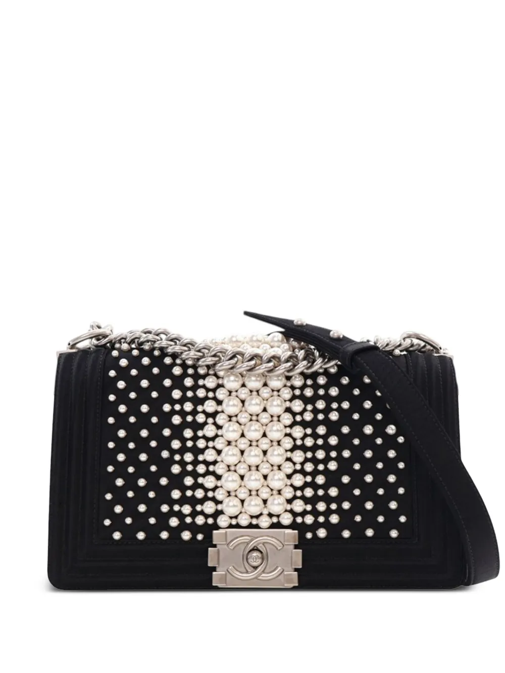 CHANEL Pre-Owned 2015-2016 オールドミディアム サテン パール ボーイフラップ ショルダーバッグ - ブラック