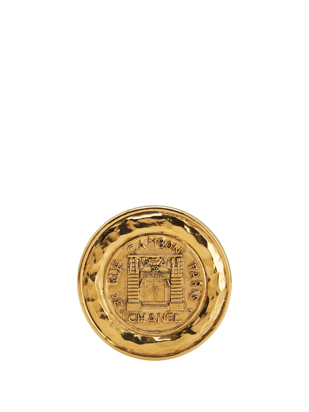 Pre-owned Chanel 1970-1980 Gold Plated 31 Rue Cambon Round Brooch Costume Brooch