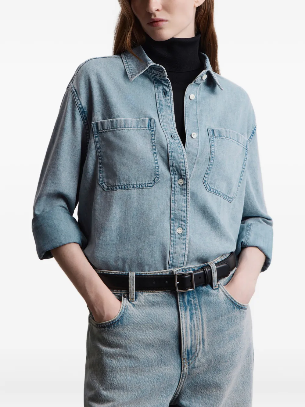 12 STOREEZ Denim blouse met zak Blauw