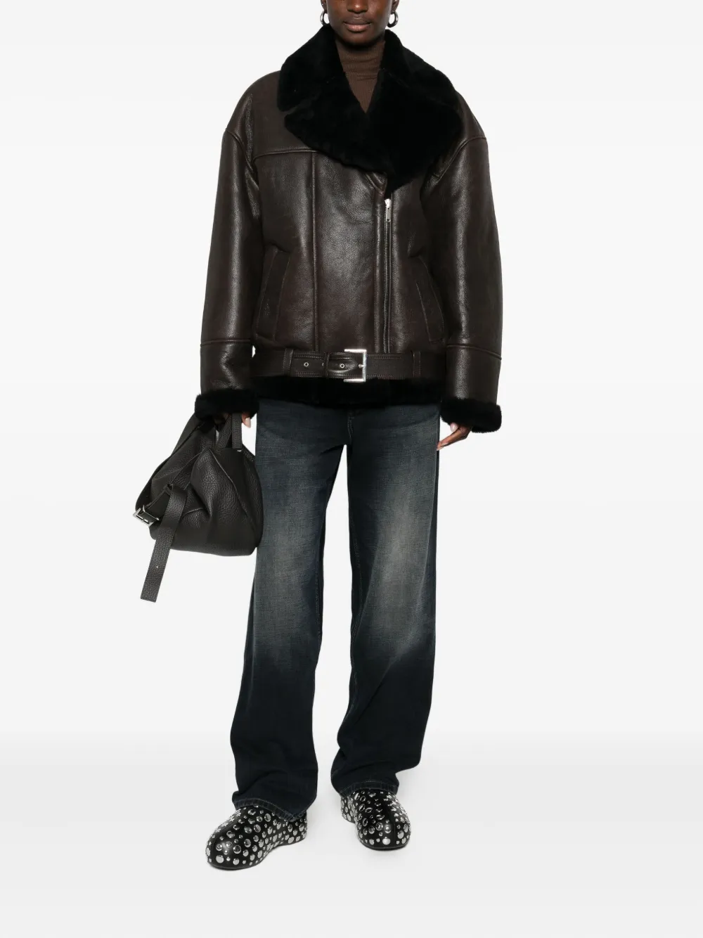 Halfboy Shearling-collar Leather Jacket In Brown