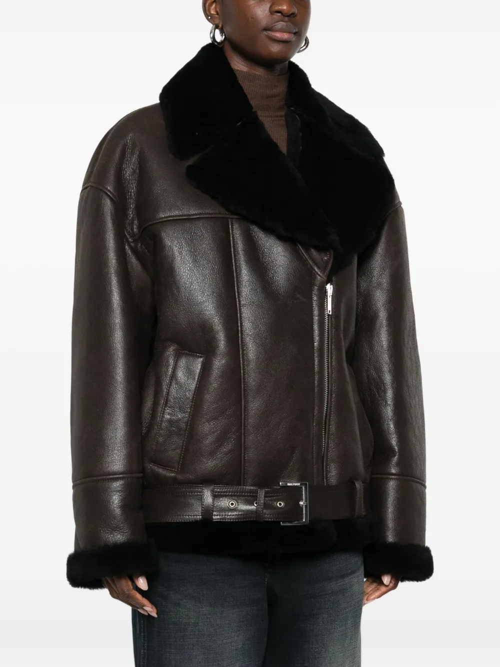 Halfboy Shearling-collar Leather Jacket In Brown