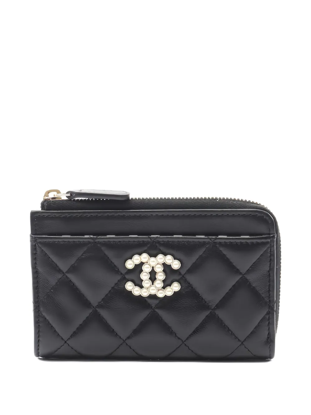 Pre-owned Chanel 2021s Matelassé Pearl-embellished Card Case In Black