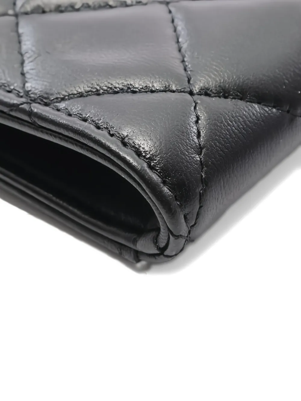 Pre-owned Chanel 2021s Matelassé Pearl-embellished Card Case In Black