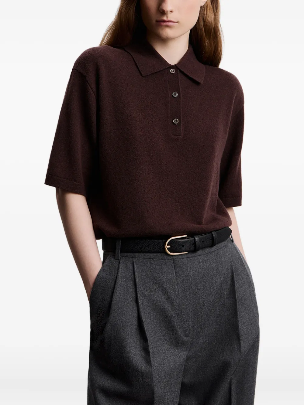 12 Storeez Knitted Polo Top In Brown