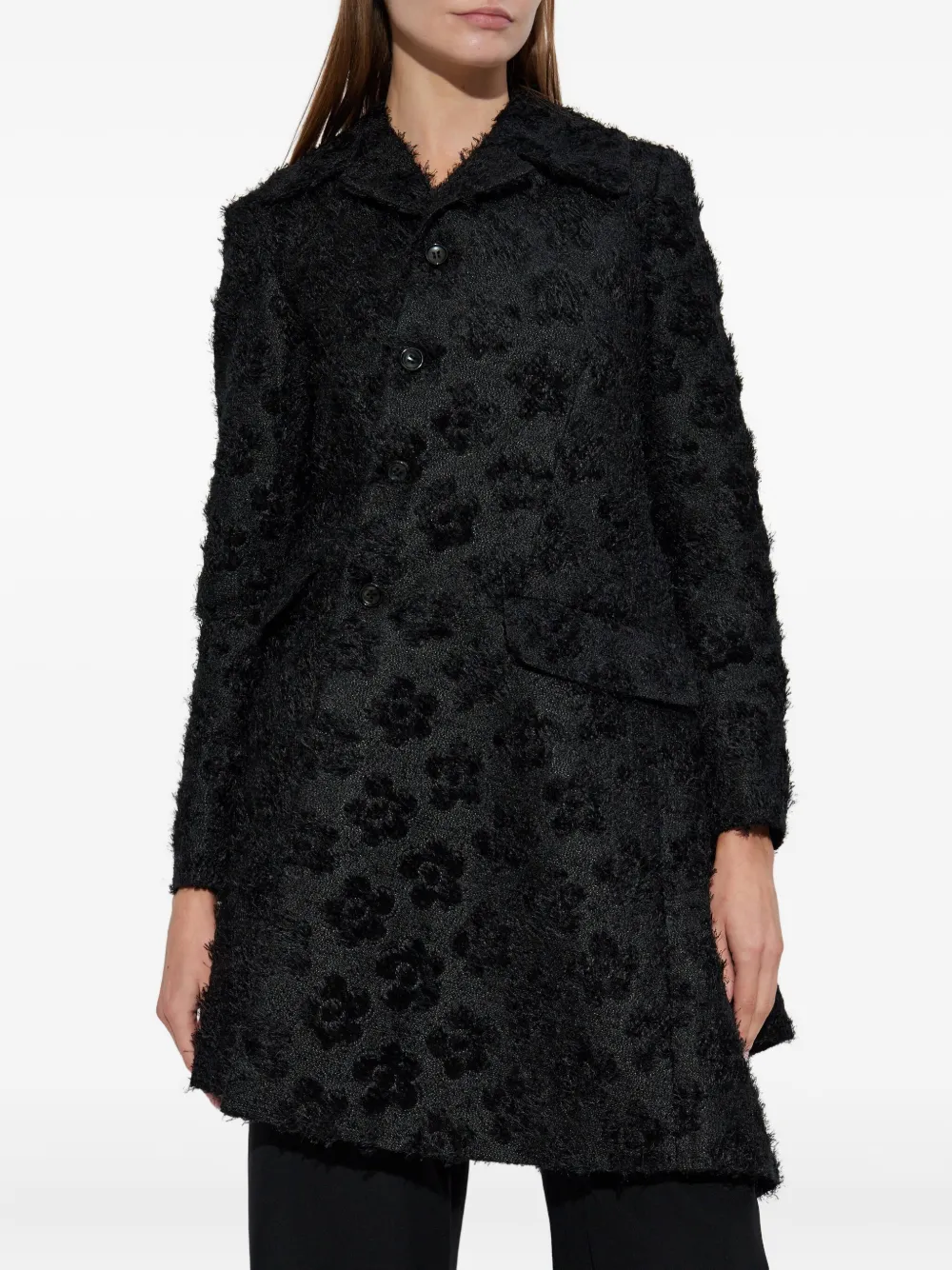 Comme Des Garçons Comme Des Garçons Asymmetrische jas met geborduurde bloemen Zwart