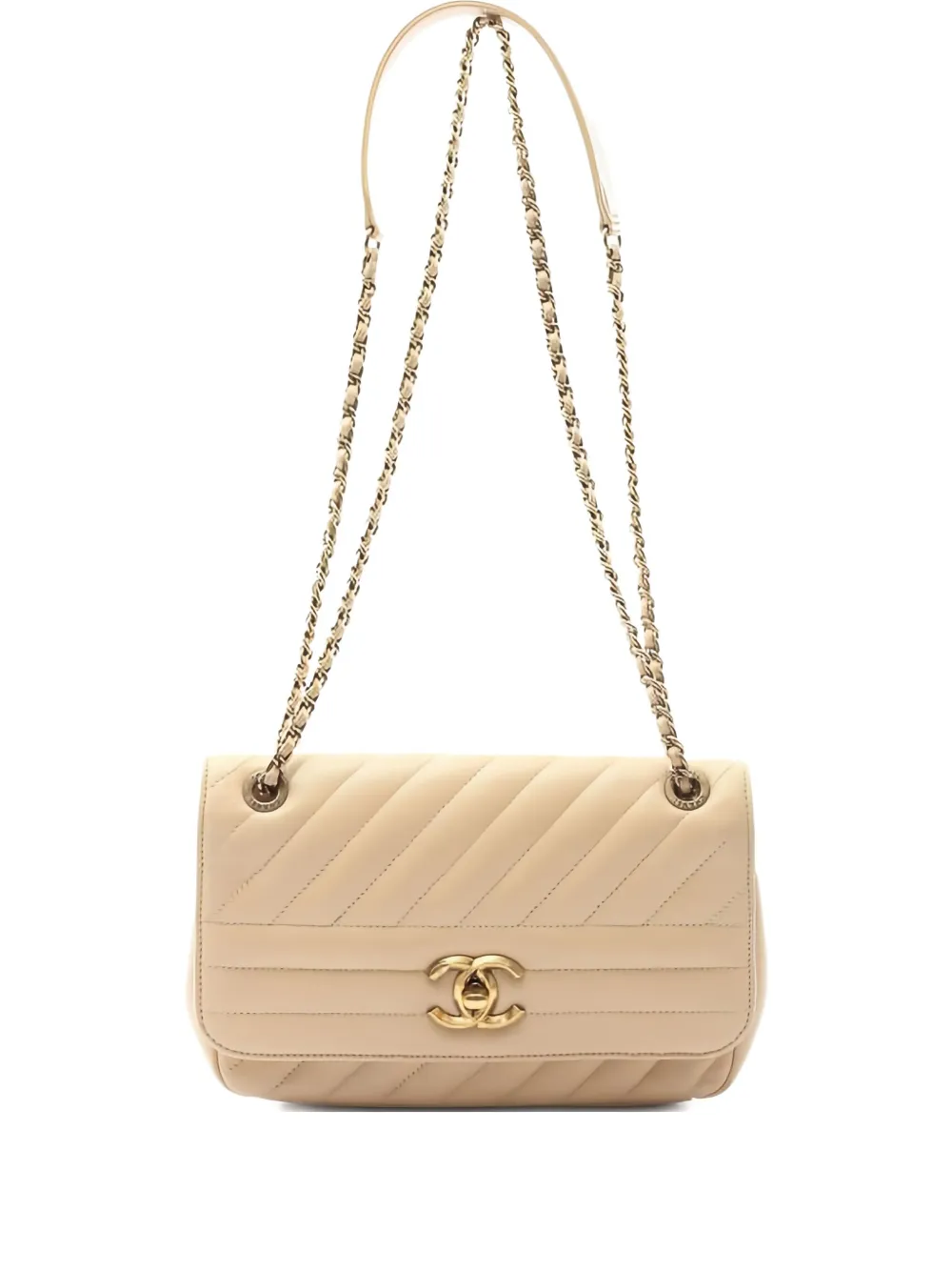 Pre-owned Chanel 2016-2017 Diagonal-quilting Chain-strap Shoulder Bag In Neutral
