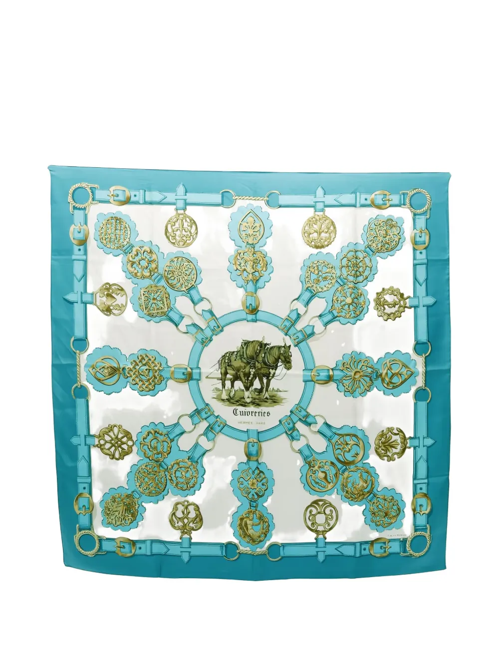 ☆3D367 エルメス カレ 90 スカーフ パリの紋章 カーキ ベージュ 緑系  