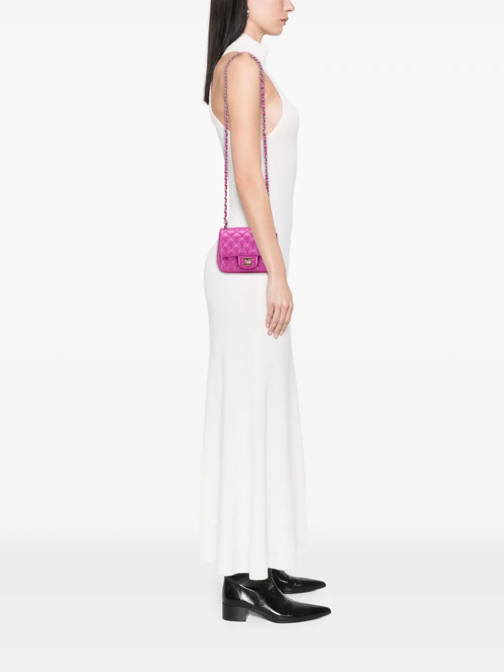 Pre-owned Chanel 2020 Mini Square Classic Lambskin Single Flap Crossbody Bag In Purple