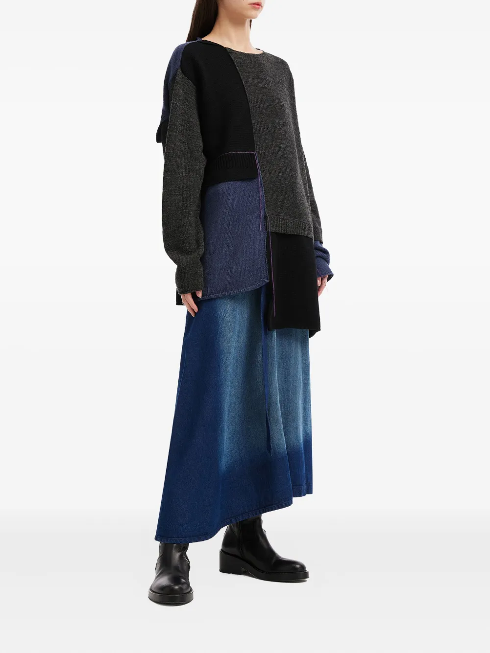 Y's O-triangle Belted Panelled Midi Skirt In Blue