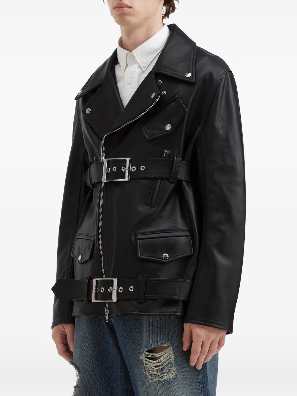  Simone Rocha Belted Leather Biker Jacket - Black 