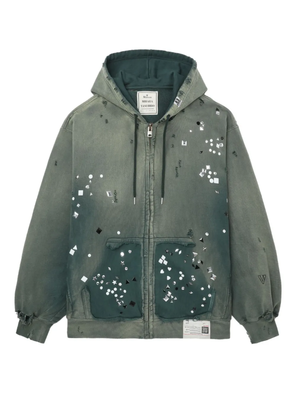 Maison MIHARA YASUHIRO embellished distressed zip-up hoodie - Verde