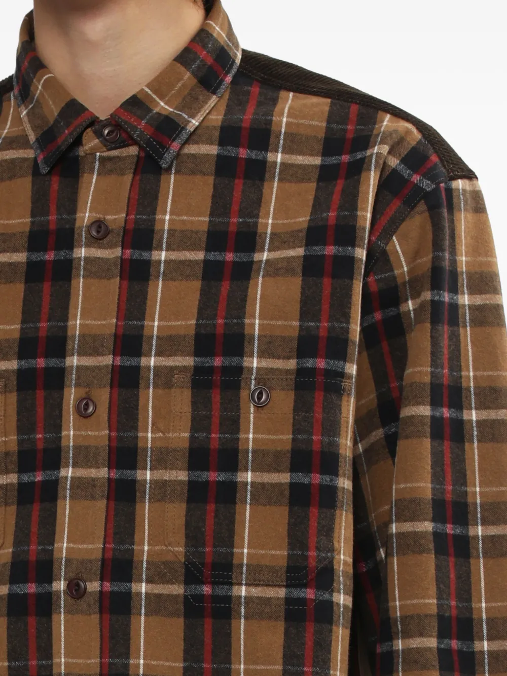 Junya Watanabe Corduroy-panelled Checked Shirt In Brown