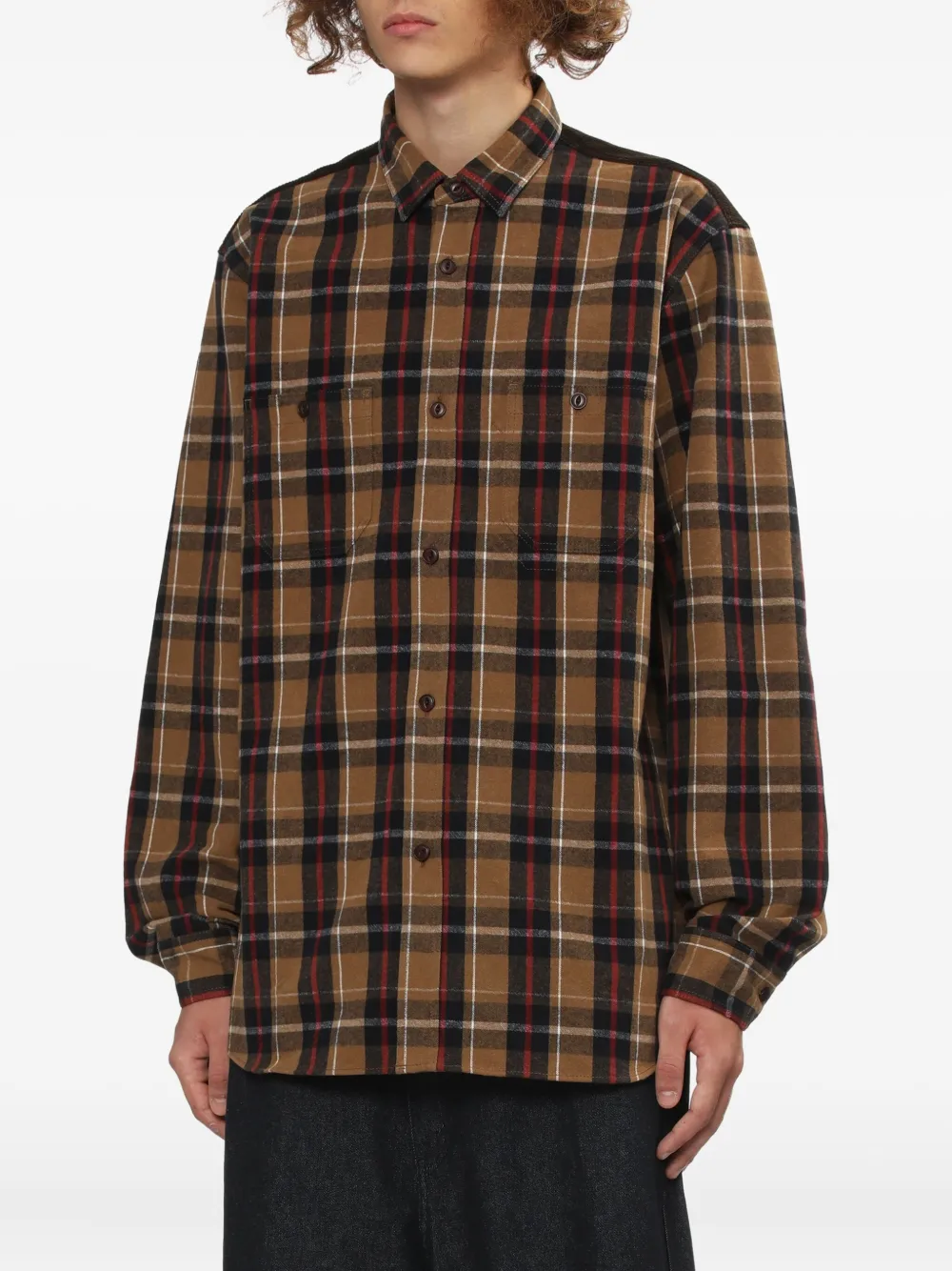 Junya Watanabe Corduroy-panelled Checked Shirt In Brown