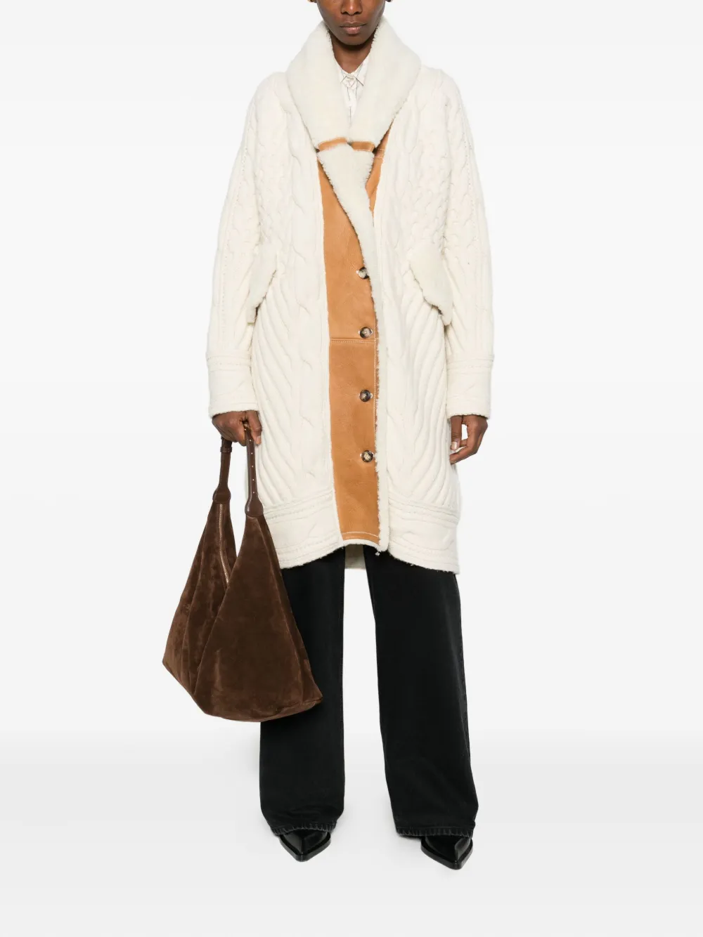 Ermanno Scervino Cable-knit Shearling Coat In Neutral