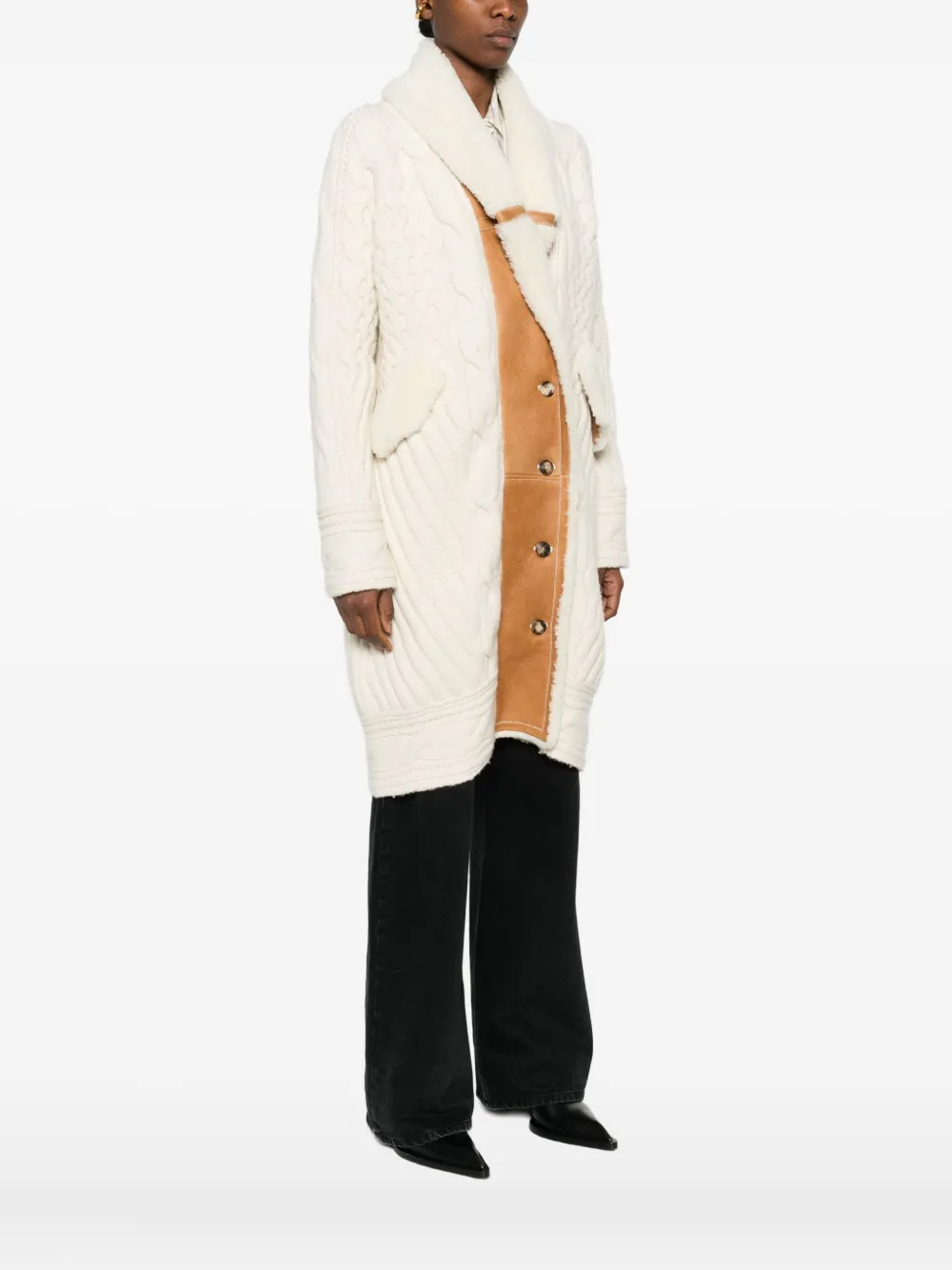 Ermanno Scervino Cable-knit Shearling Coat In Neutral