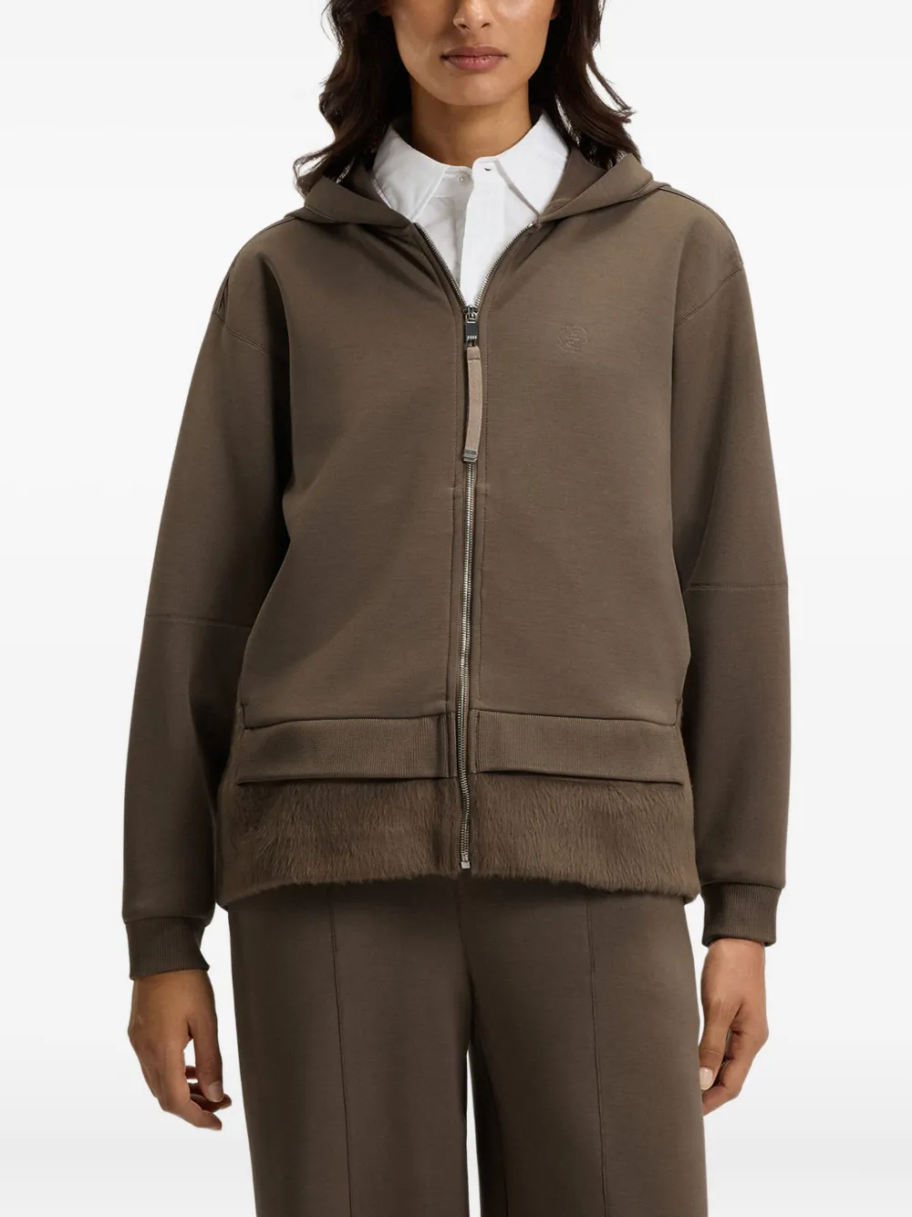 Hugo Boss Fur-panel Zip-up Hoodie In Brown