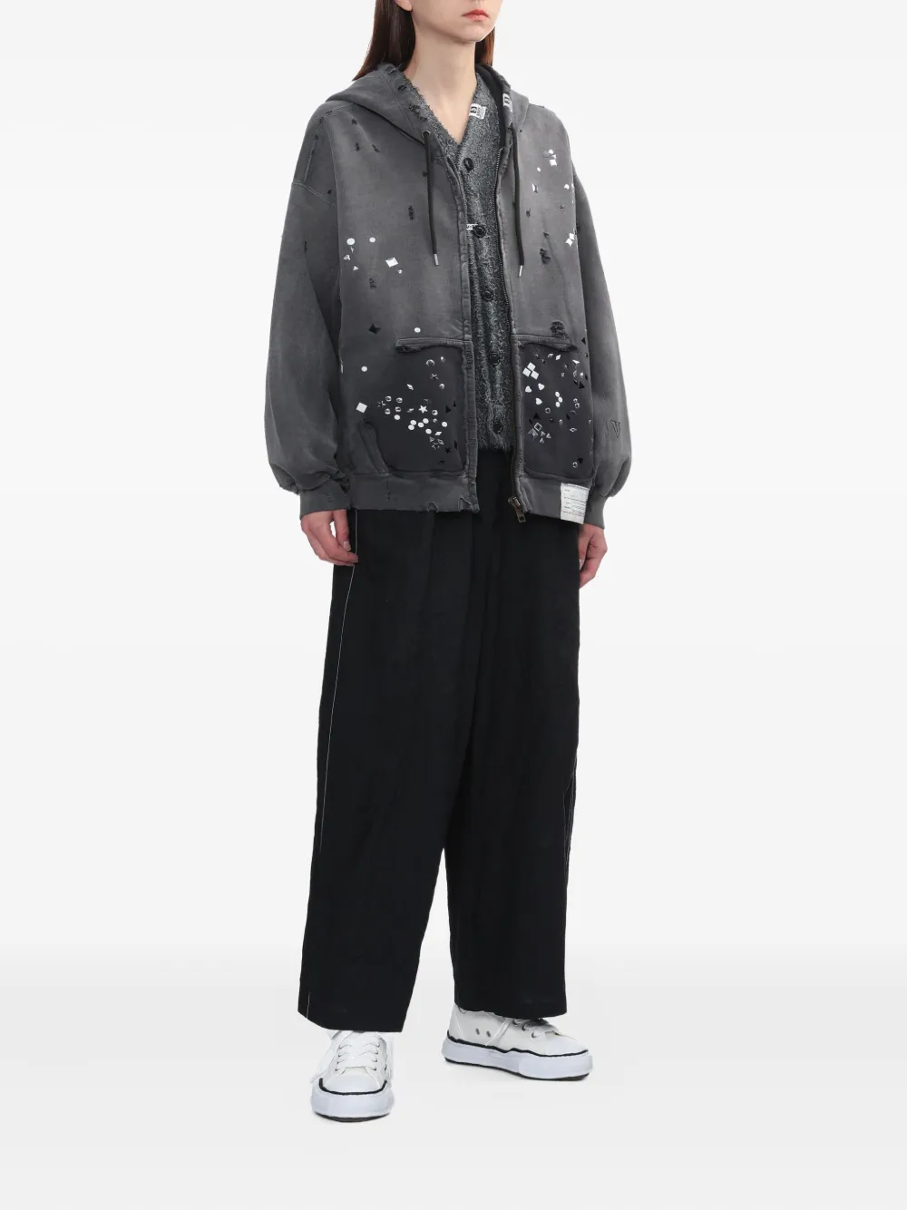 Maison MIHARA YASUHIRO Gerafelde verfraaide top met capuchon - Zwart