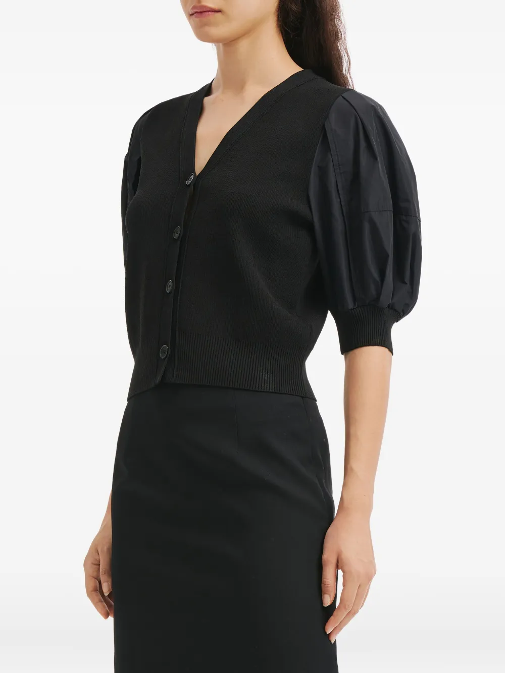 Juunj Puff-sleeve Button Cardigan In Black
