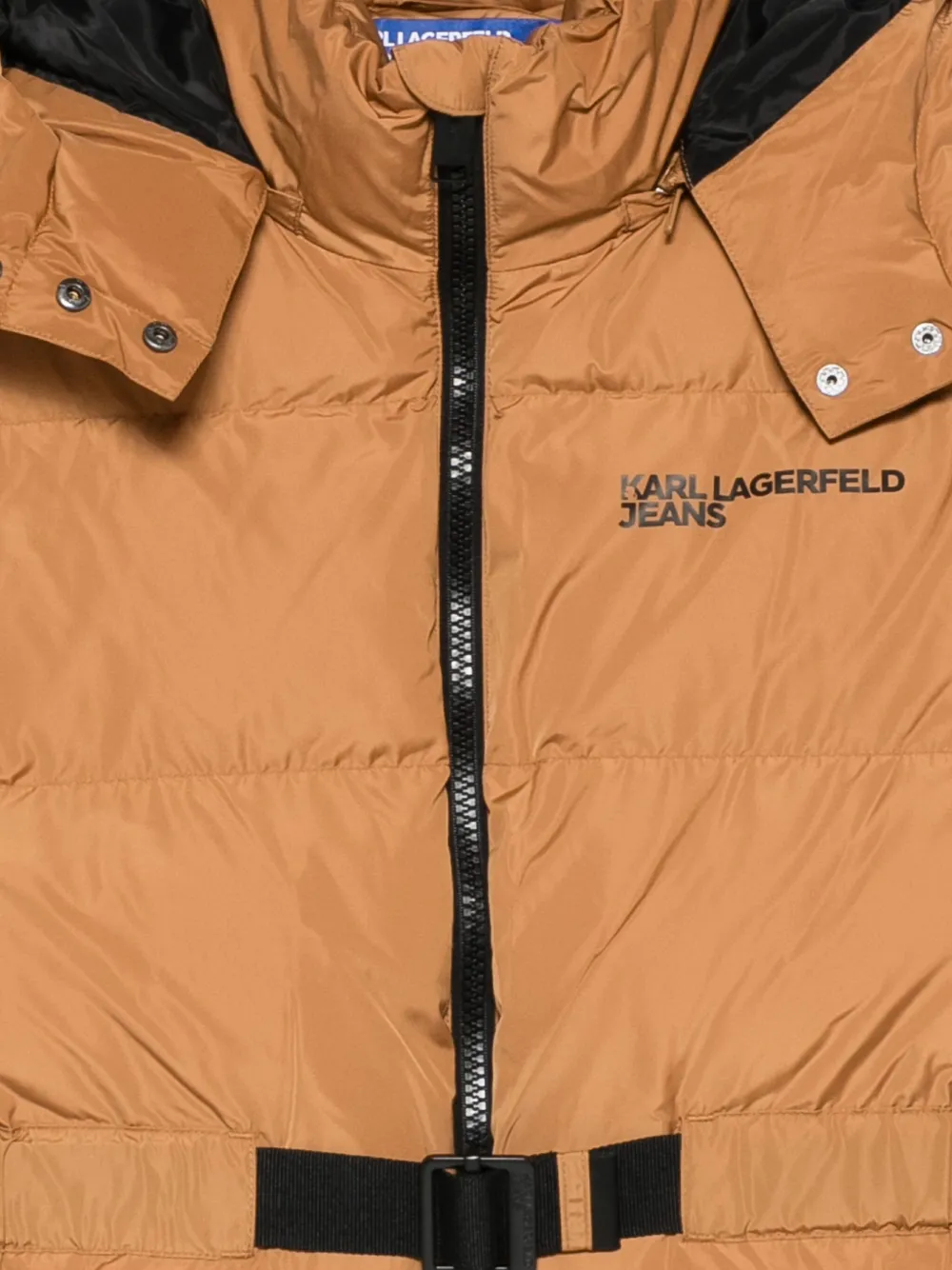 Karl Lagerfeld Jeans Hooded Belted Puffer Jacket In Brown