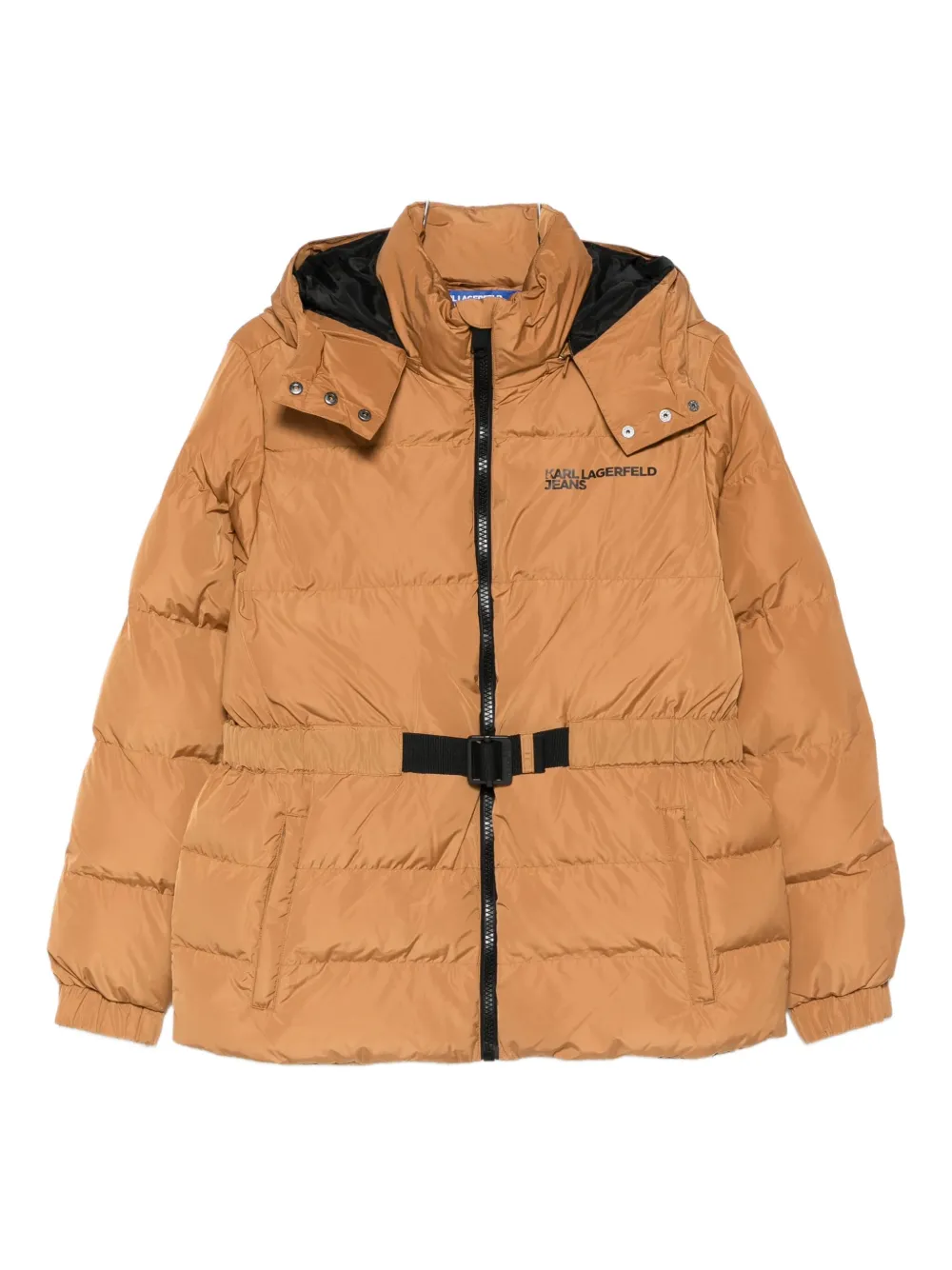 Karl Lagerfeld Jeans Hooded Belted Puffer Jacket In Brown