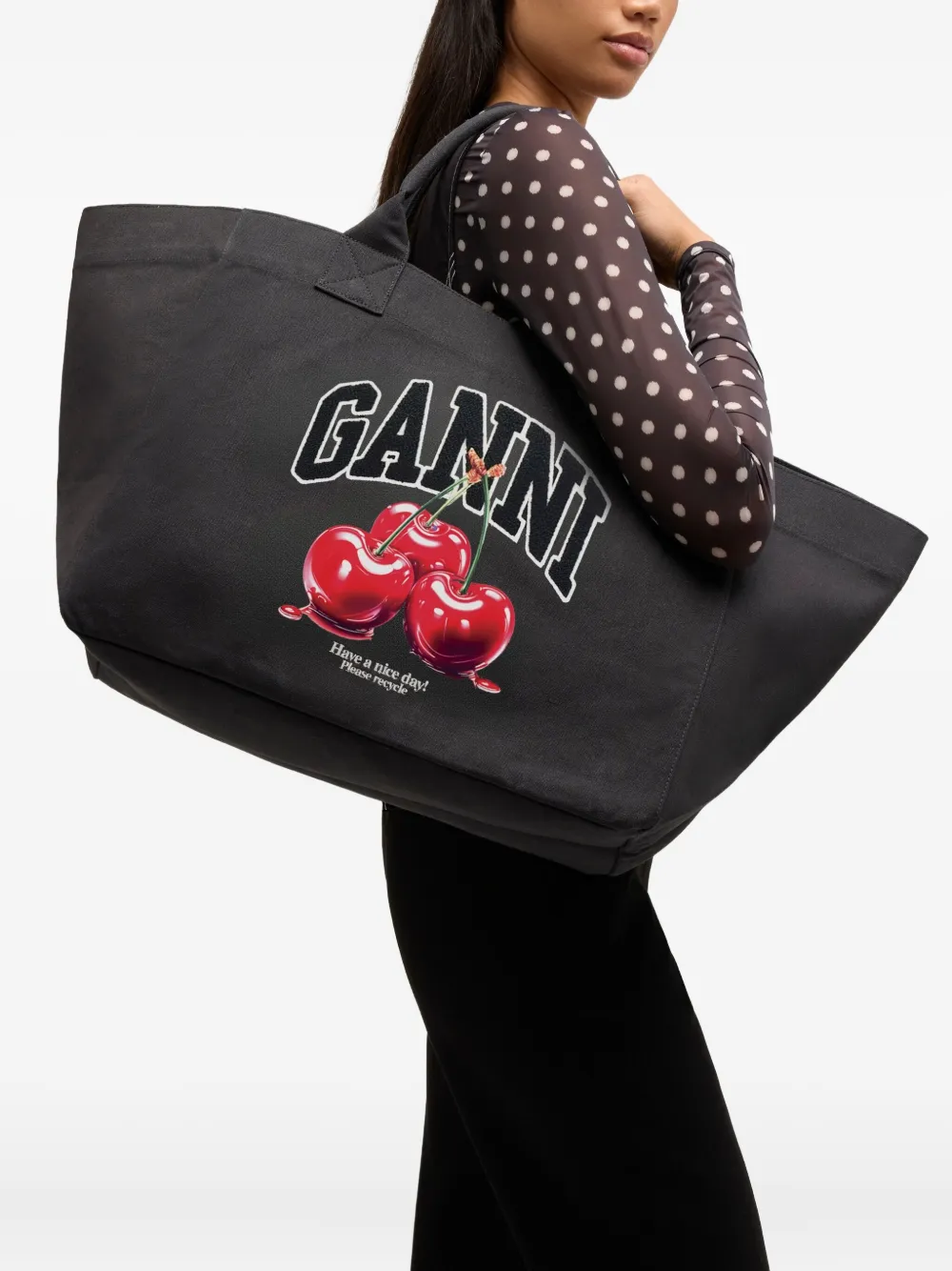 GANNI XXL Cherry shopper met print - Zwart