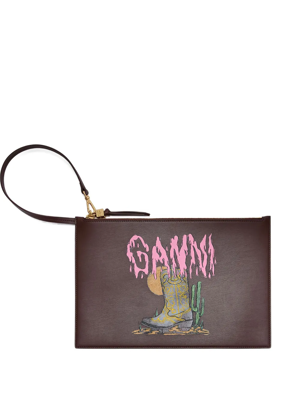 Ganni Zip Graphic Clutch Bag In Brown