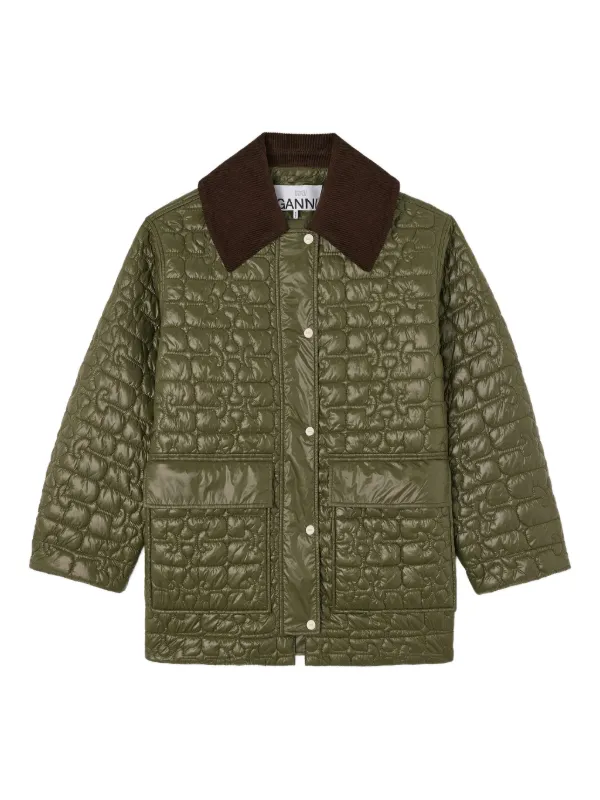 Ganni Shiny Quilt Midi Jacket in Green