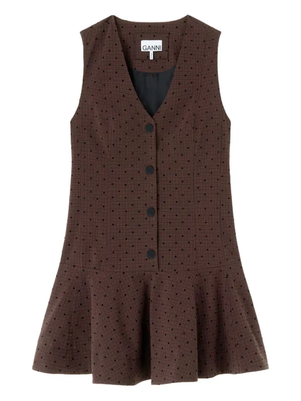 Ganni Flock Check Suiting Dress in Brown