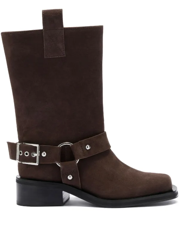 Ganni Buckle-detail Biker Boots in Brown