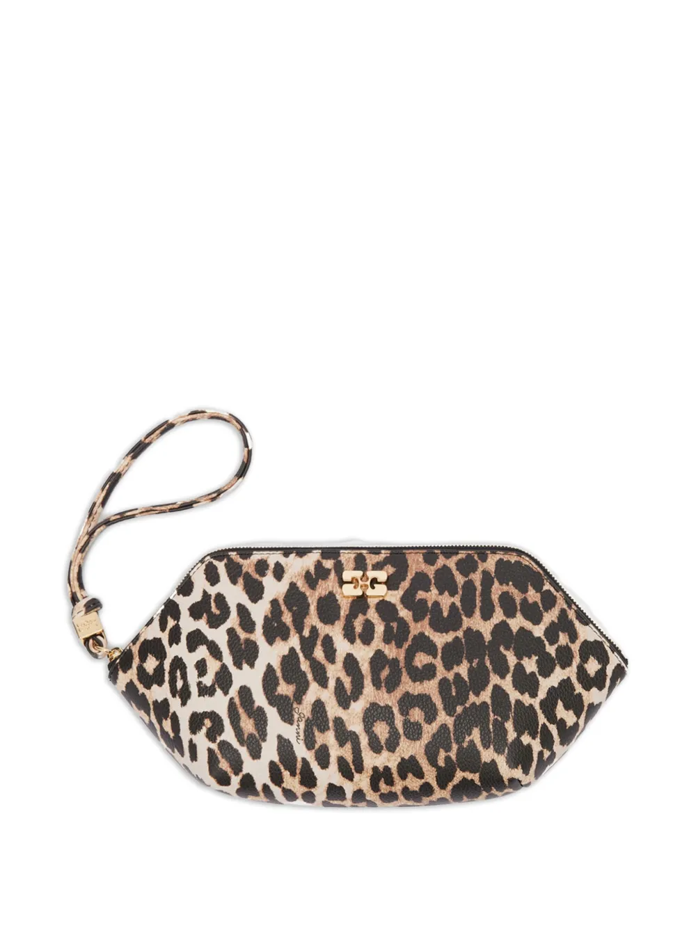Ganni Leopard Print Wristlet Make Up Bag In Brown