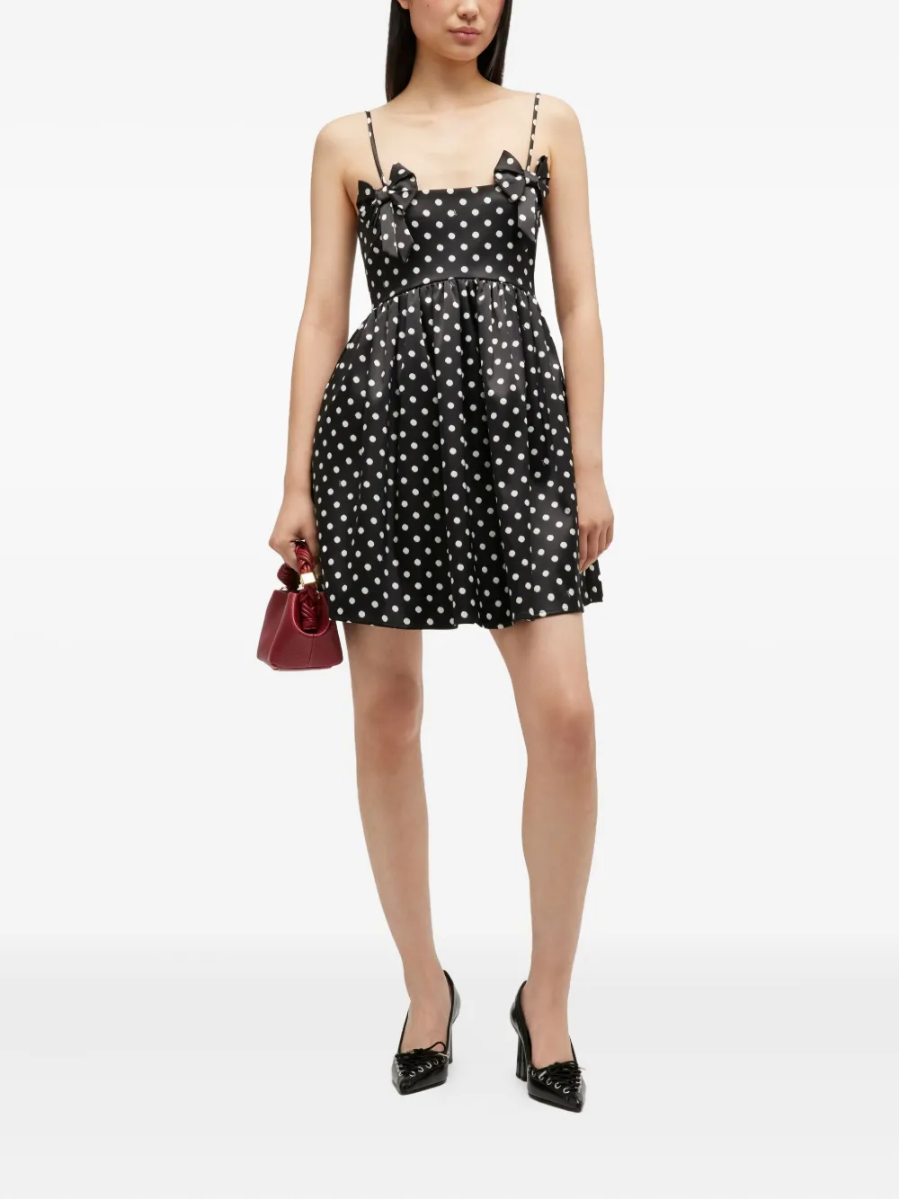 Ganni Polka Dot Bow Mini Dress In Black
