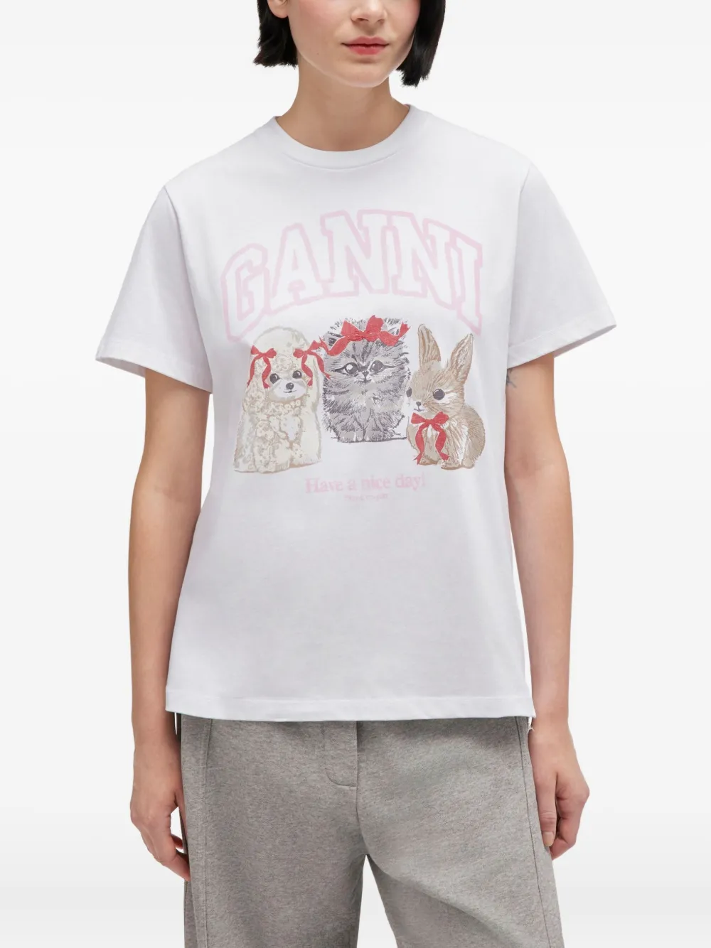 Ganni Graphic Print Crew Neck Short Sleeve Top In White