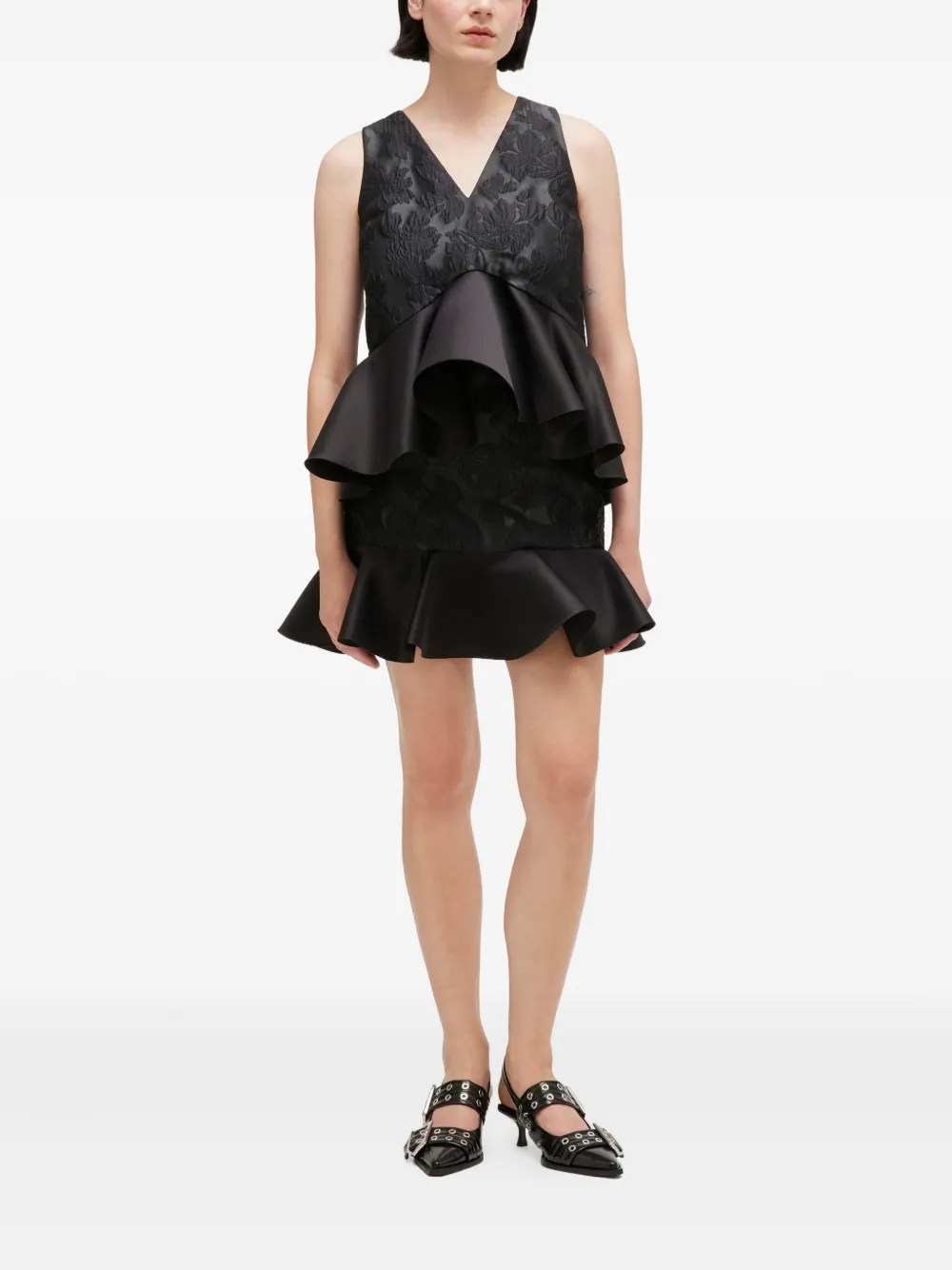 GANNI Top met ruches en bloemenprint - Zwart