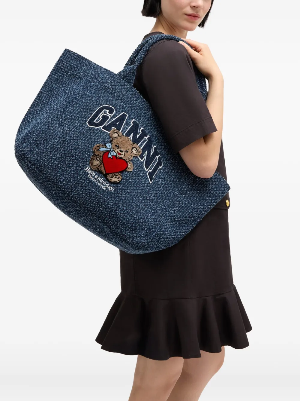 GANNI Medium denim shopper met grafische print Blauw