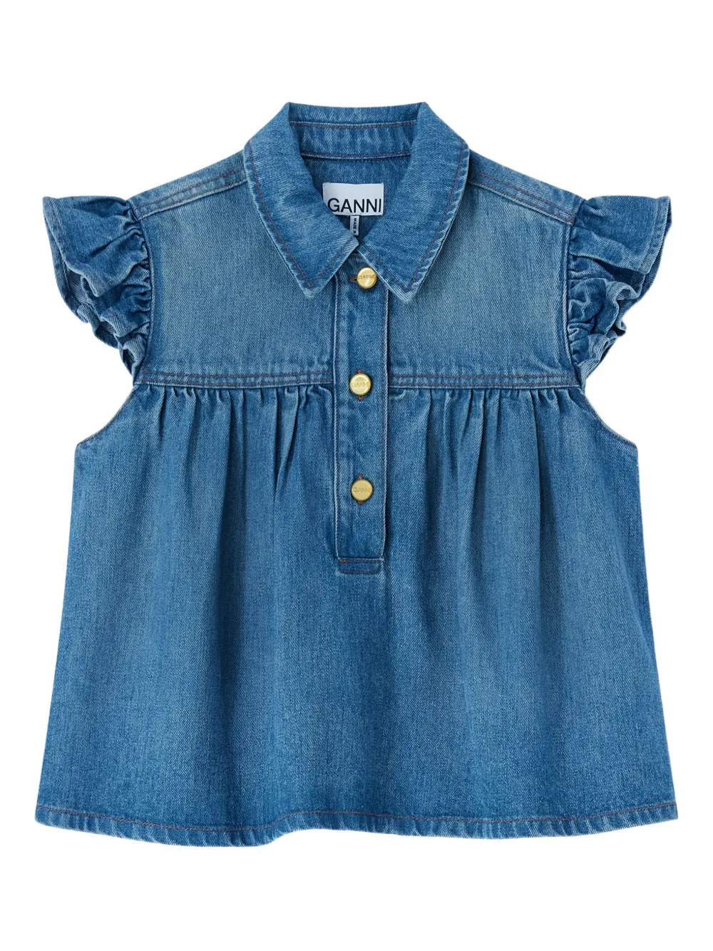GANNI Top con ruches e bottoni - Blu