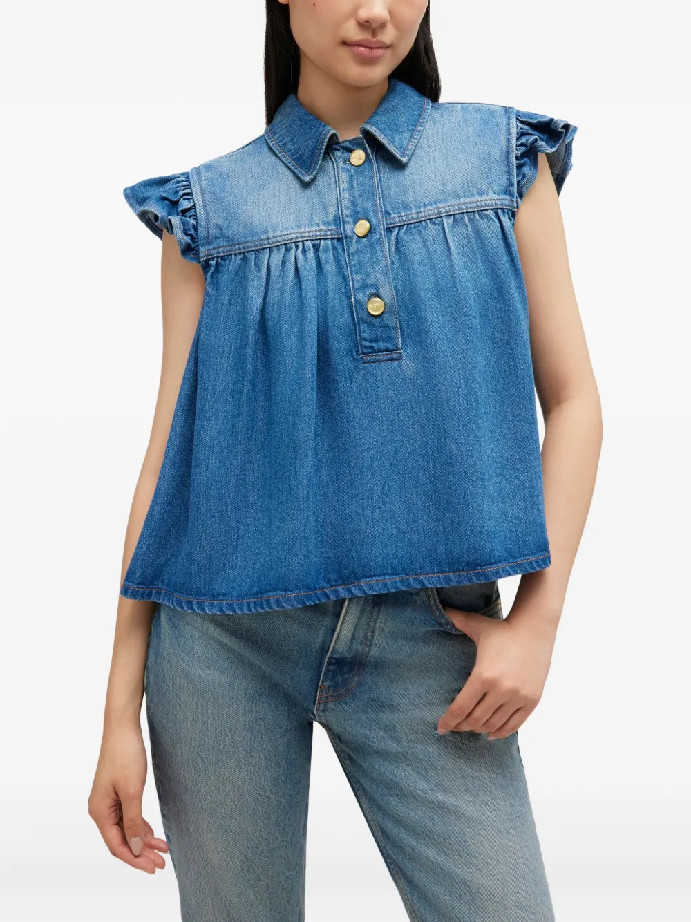  Ganni Ruffled Denim Top - Blue 